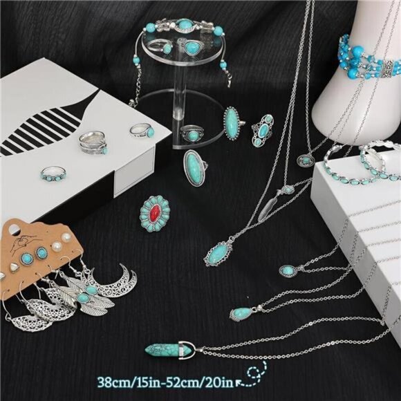 24 Pcs Western Jewelry for Women Boho Set Bohemian Turquoise Jewelry Set - Picture 2 of 6